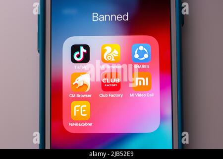 TikTok & popular Chinese apps on iPhone. India has banned over 100 apps that linked to China, including TikTok, WeChat, etc Stock Photo