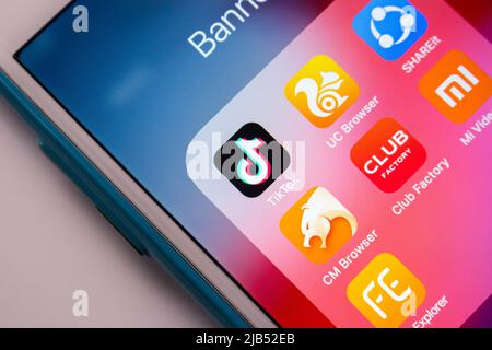 TikTok & popular Chinese apps on iPhone. India has banned over 100 apps that linked to China, including TikTok, WeChat, etc Stock Photo