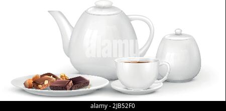 Tea coffee realistic composition with front view of set with teapot cups and chocolate on plate vector illustration Stock Vector