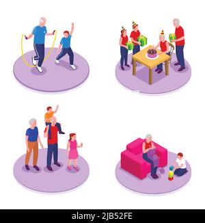 Grandparents and grandchildren isometric set with communication and activities symbols isolated vector illustration Stock Vector