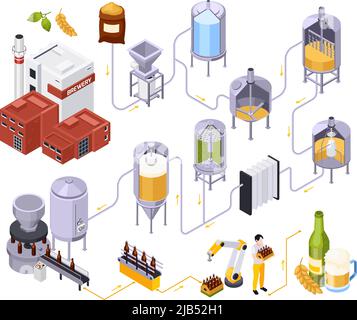 Brewery beer production isometric composition with set of connected tubes profile views of metal jars keeves vector illustration Stock Vector