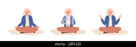 Abdominal breathing. Elderly woman practicing belly breathing for relaxation. Breath awareness yoga exercise. Meditation for body, mind and emotions Stock Vector