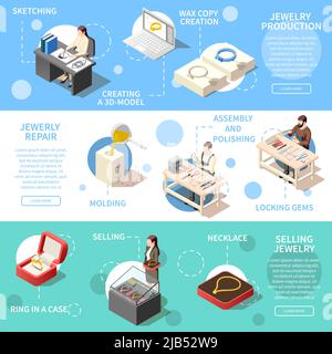 Jewelry production set of three horizontal banners with isometric icons and text captions with clickable buttons vector illustration Stock Vector