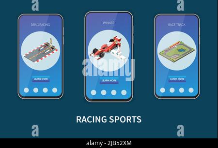 Car race isometric set of vertical banners inside mobile frames with images and clickable page buttons vector illustration Stock Vector
