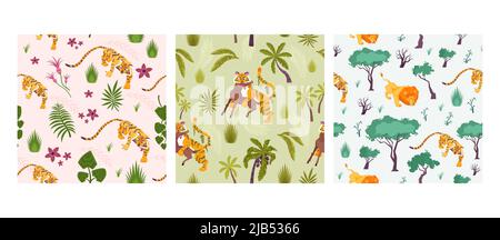 Set of three square patterns with flat images of tigers lions and leopards among exotic trees vector illustration Stock Vector