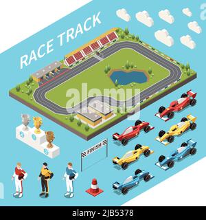 Car race isometric set of racing track area and isolated icons of awards cars and drivers vector illustration Stock Vector