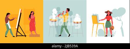 Creative professions square set with artist and sculptor flat isolated vector illustration Stock Vector