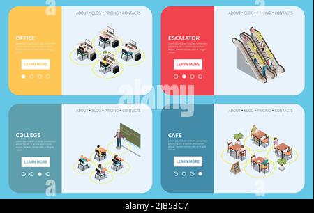 Social distancing isometric set of horizontal banners with text buttons and people at safe distance amount vector illustration Stock Vector