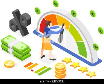 Isometric composition with 3d woman money and credit score indication meter on white background vector illustration Stock Vector