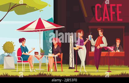 Restaurant patio outdoor area street cafe service counter visitors chatting enjoying drinks outdoor on lawn vector illustration Stock Vector