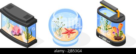 Isometric set of glass aquarium and fish bowl with water starfish plants and corals isolated on white background vector illustration Stock Vector