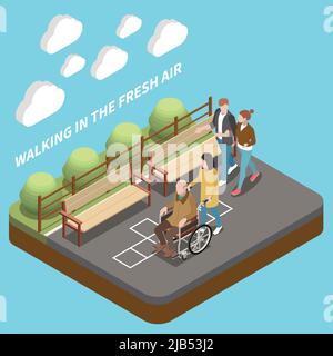 Elderly people professional social help service isometric composition with text and park lane with walking people vector illustration Stock Vector
