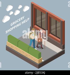 Elderly people professional social help service isometric composition with characters of old woman and young man vector illustration Stock Vector