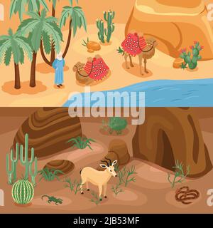 Desert horizontal banners set with camel and oasis isolated isometric vector illustration Stock Vector