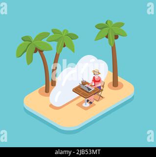 Isometric concept with man working remotely on laptop sitting on beach with palms 3d vector illustration Stock Vector