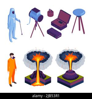 Volcano eruptions and volcanologists in special form and equipment colored icons set on white background isometric vector illustration Stock Vector