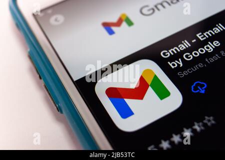 Kumamoto, Japan - Nov 17 2020 : Gmail, a free email service by Google, on App Store on iPhone. By 2018, Gmail had 1.5 billion active users worldwide Stock Photo