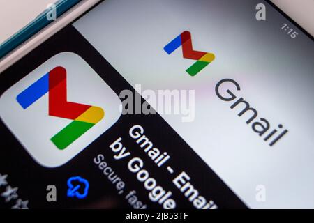 Kumamoto, Japan - Nov 17 2020 : Gmail, a free email service by Google, on App Store on iPhone. By 2018, Gmail had 1.5 billion active users worldwide Stock Photo