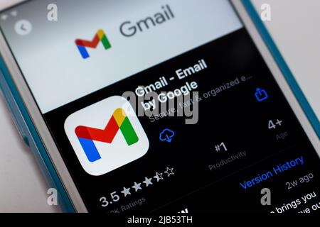 Kumamoto, Japan - Nov 17 2020 : Gmail, a free email service by Google, on App Store on iPhone. By 2018, Gmail had 1.5 billion active users worldwide Stock Photo