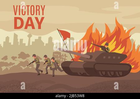 Victory day card with the military rides a tank through a ruined city vector illustration Stock Vector