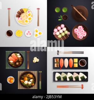 Traditional japanese food cuisine flat 2x2 design concept with four square compositions with served dishes images vector illustration Stock Vector