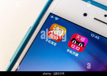 Kumamoto, JAPAN - Dec 10 2020 : Taobao and Mall apps with Double 12 band on iPhone. Double twelve (W12) is the Chinese version of Black Friday. Stock Photo