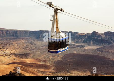 The cable car to the highest mountain in Spain is the volcano Teide. Giant caldera of the volcano and lava fields. Stock Photo