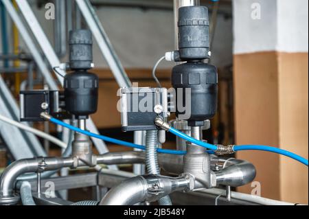 Dosing control valves and liquid meters on pipeline system Stock Photo