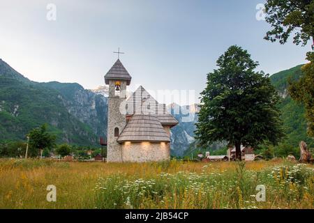 Theth mountain village in Theth Valley, Albania Stock Photo