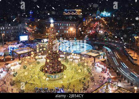 Main Christmas tree of Ukraine lit up in Kyiv Ukraine. Winter evening