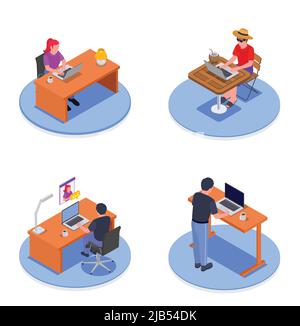 Isometric 2x2 design concept with people having distance work at home and outdoors isolated on white background vector illustration Stock Vector