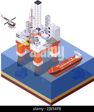 Oil petroleum industry isometric composition with view of offshore structure platform with ship and flying helicopter vector illustration Stock Vector