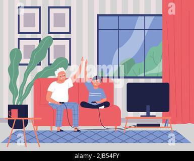 Happy grandfather playing video games on console with his grandson in living room flat vector illustration Stock Vector