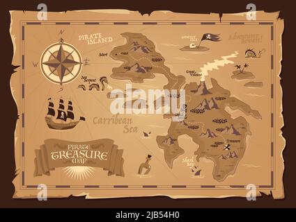 Detailed map of pirate treasure with frayed edges in vintage style flat vector illustration Stock Vector