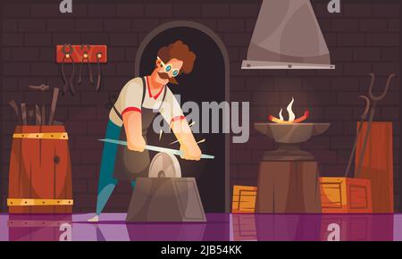 Blacksmith in workshop sharpens forged sword blade on grind stone wearing safety goggles cartoon composition vector illustration Stock Vector