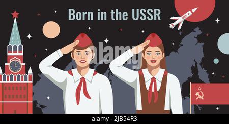 Ussr horizontal composition of text and soviet flag with kremlin tower flying rocket and young pioneers with text "born in USSR" vector illustration Stock Vector