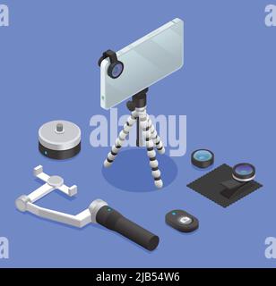 Set of photo and video equipment for the mobile phone on a blue background vector illustration Stock Vector