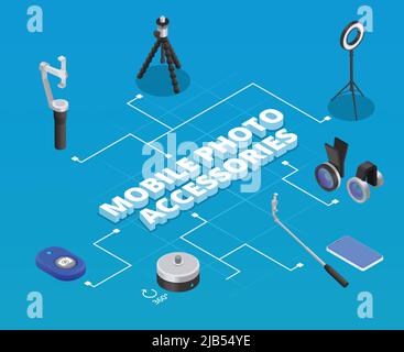 Flowchart with mobile photo and video accessories on blue background isometric set vector illustration Stock Vector