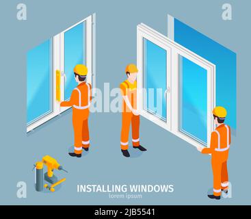 Installing windows isometric background with handymen in uniform and helmets replacing old windows to new ones vector illustration Stock Vector