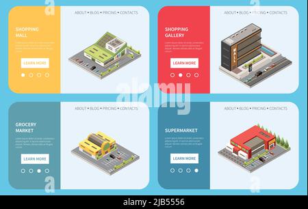 Vector Isometric illustration of shopping centre, city mall with ...