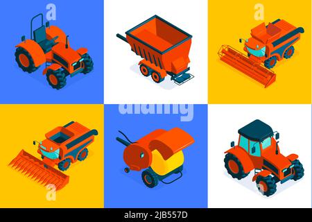 Agricultural isometric design concept set of six square colored icons with machinery for field farm work vector illustration Stock Vector