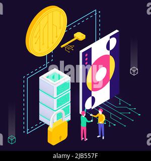 Cryptographic art crypto art nft isometric composition with icons of electronic coin with painting and buyer vector illustration Stock Vector