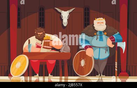 Wealthy viking meal in wooden house interior adorned with skull weapons armed bodyguard cartoon composition vector illustration Stock Vector