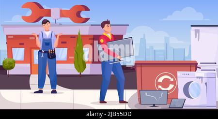 Repairmen throwing junk home technique for recycling flat vector illustration Stock Vector