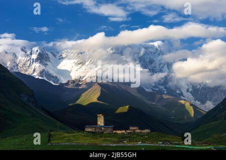 Panoramic view on Medieval towers in Mestia in the Caucasus Mountains, Upper Svaneti, Georgia. Stock Photo