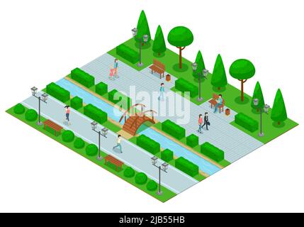 Landscape design park isometric composition with part of the park with trees lawn walkways and bridges over the river vector illustration Stock Vector