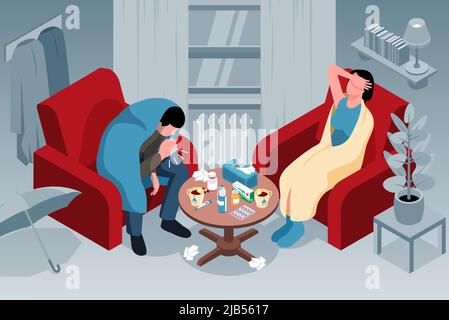 Isometric cold flu horizontal composition with home interior and characters of family couple cocooned in blankets vector illustration Stock Vector