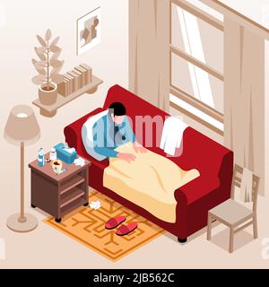 Isometric cold flu composition with home scenery and sick person lying on sofa with medical drugs vector illustration Stock Vector