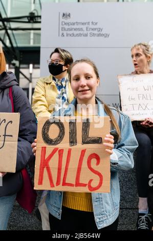 London, UK. 29 May 2022. Fossil Free London protest outside BEIS against Windfall tax and Jackdaw Stock Photo