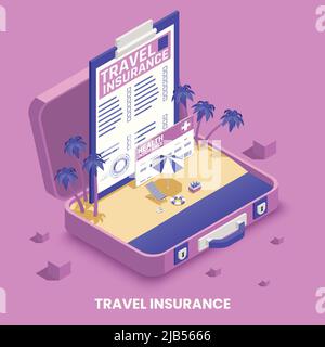 Travel insurance concept with health and transportation symbols isometric vector illustration Stock Vector